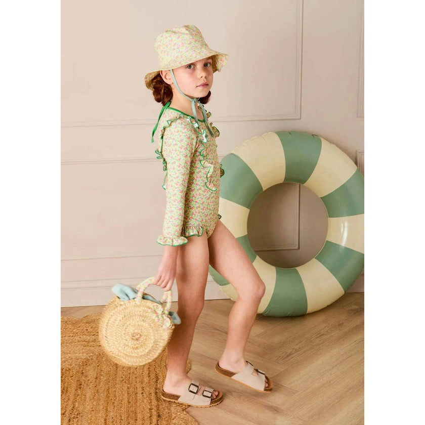 Annie Apple Print Ruffle Detail Long Sleeve Swimsuit in Green (12mths- 10yrs)