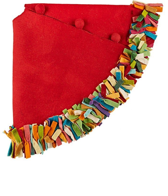 Handmade Felt Multicolor Fringe Border Red Wool Christmas Tree Skirt