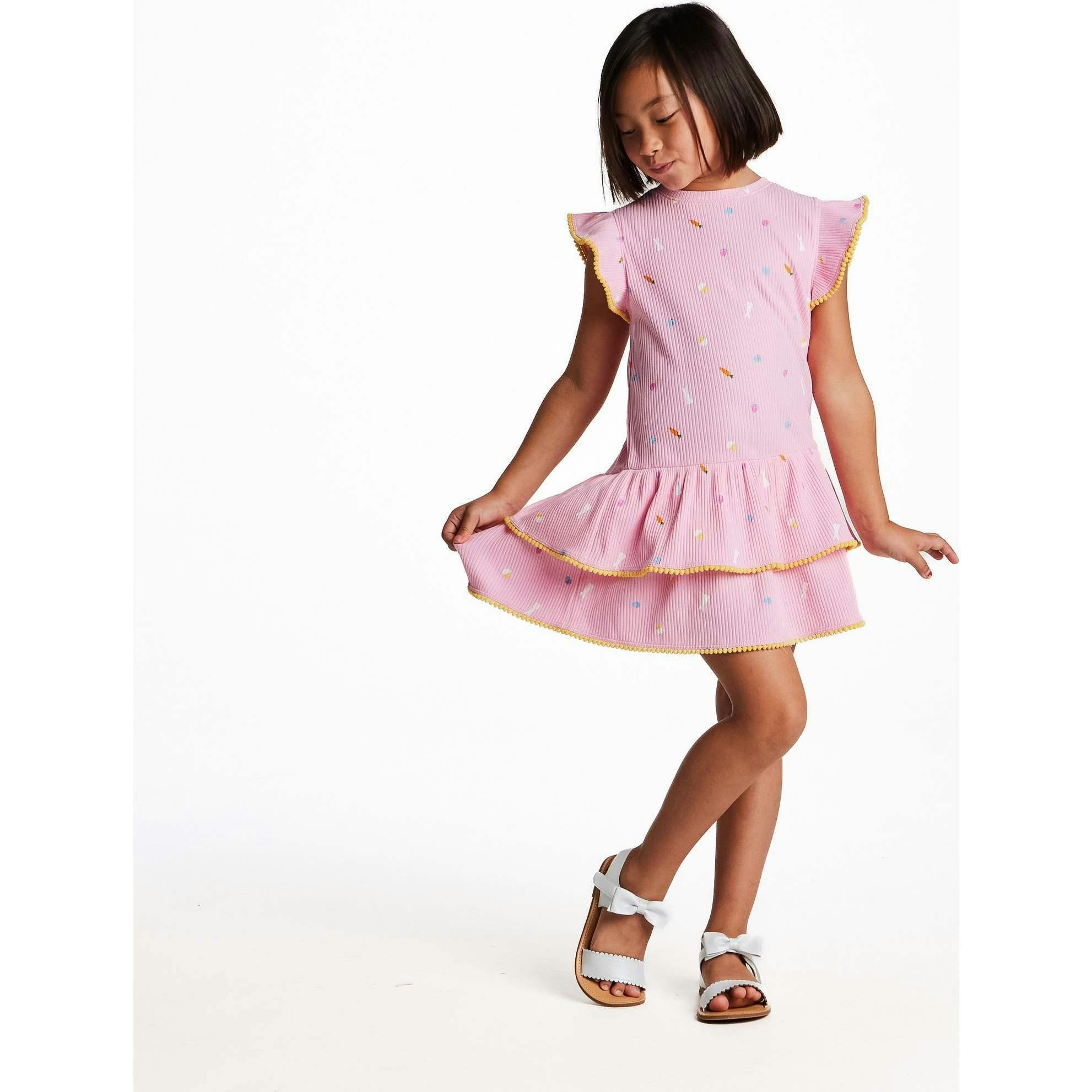 Girls Pink Rib Tiered Dress | Bunny Garden