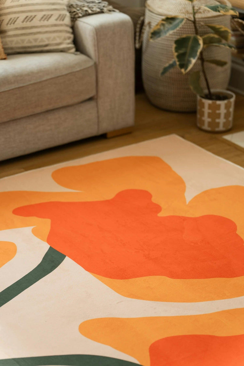 Orange Abstract Floral Sprig Rug by Sophie Deller