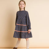 Long Sleeves Tiered Skirt Dress with Velvet Trim