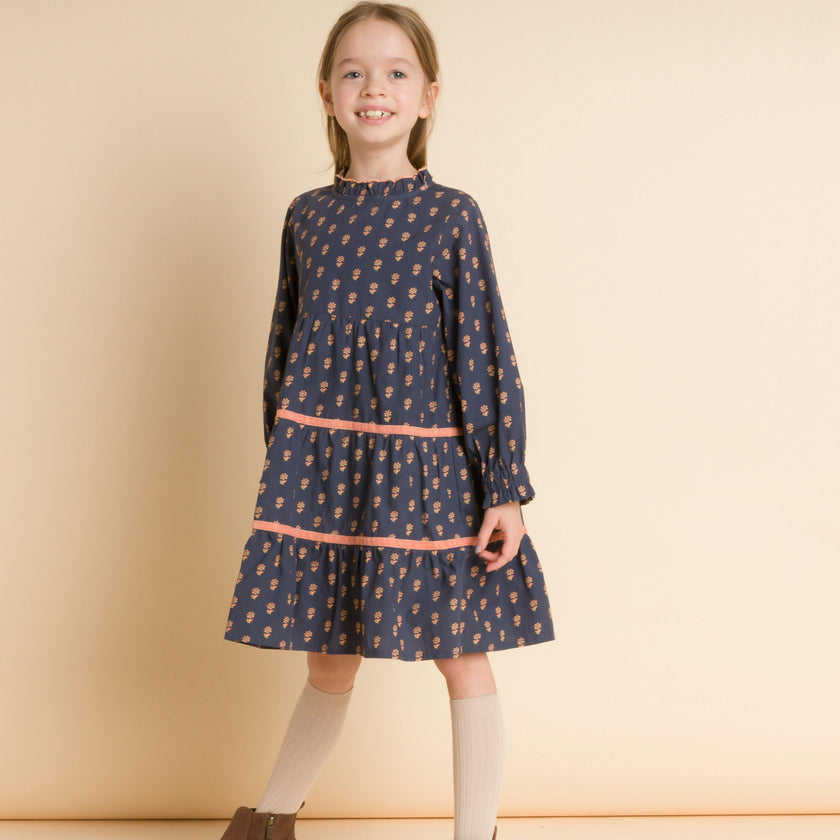 Long Sleeves Tiered Skirt Dress with Velvet Trim