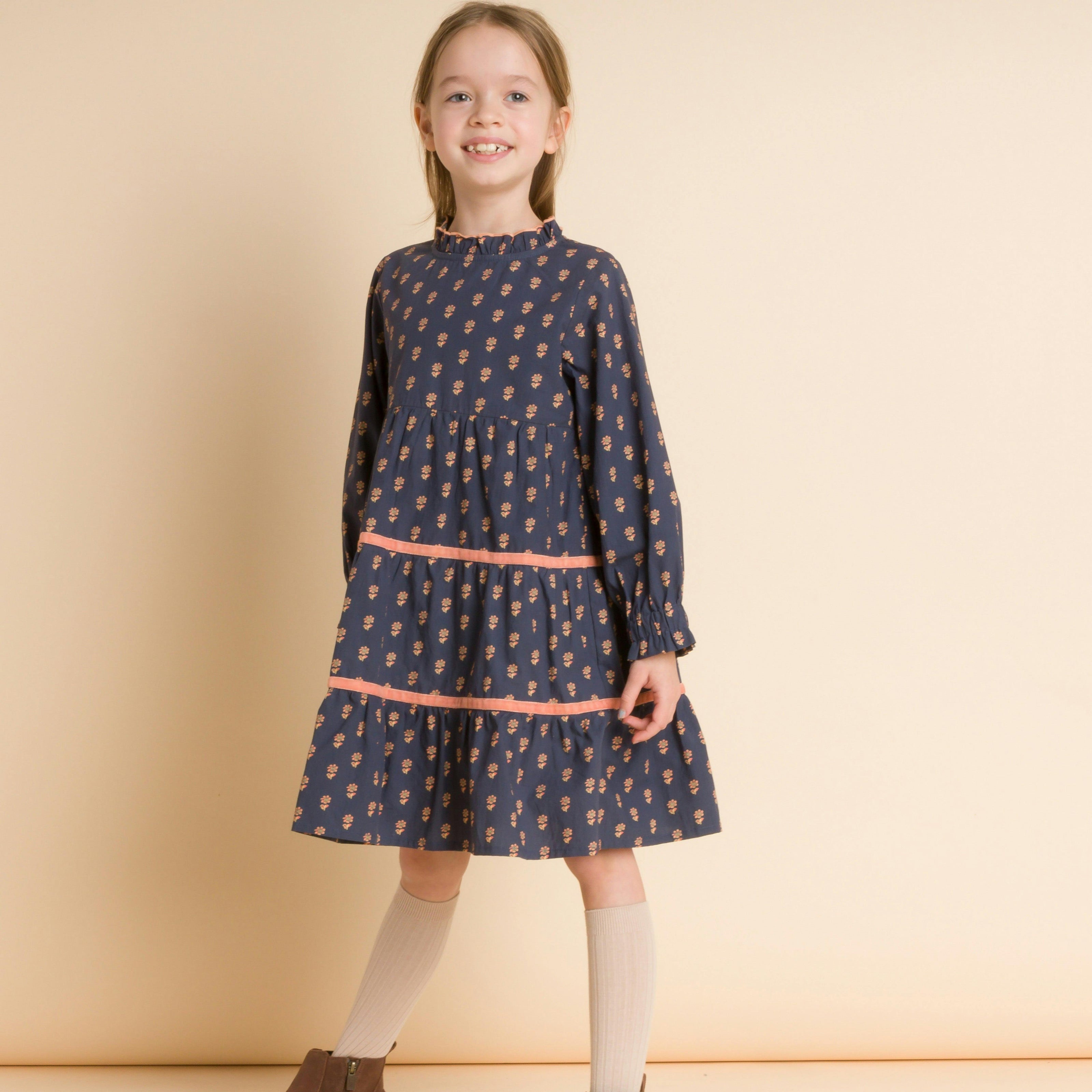 Long Sleeves Tiered Skirt Dress with Velvet Trim