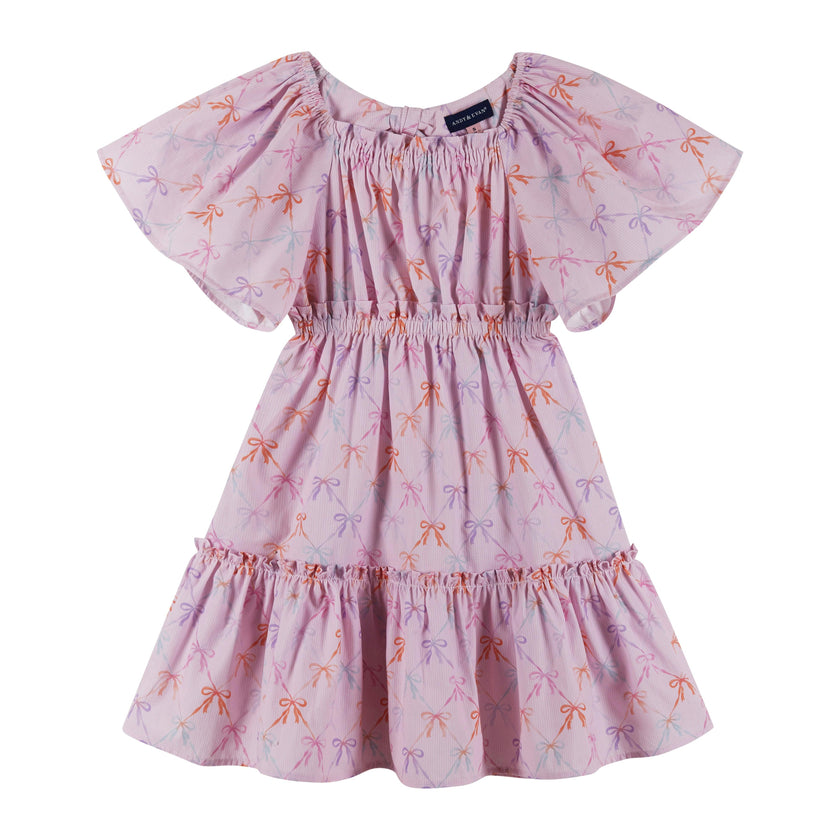 Girls Flutter Sleeve Seersucker Dress | Pink Bow