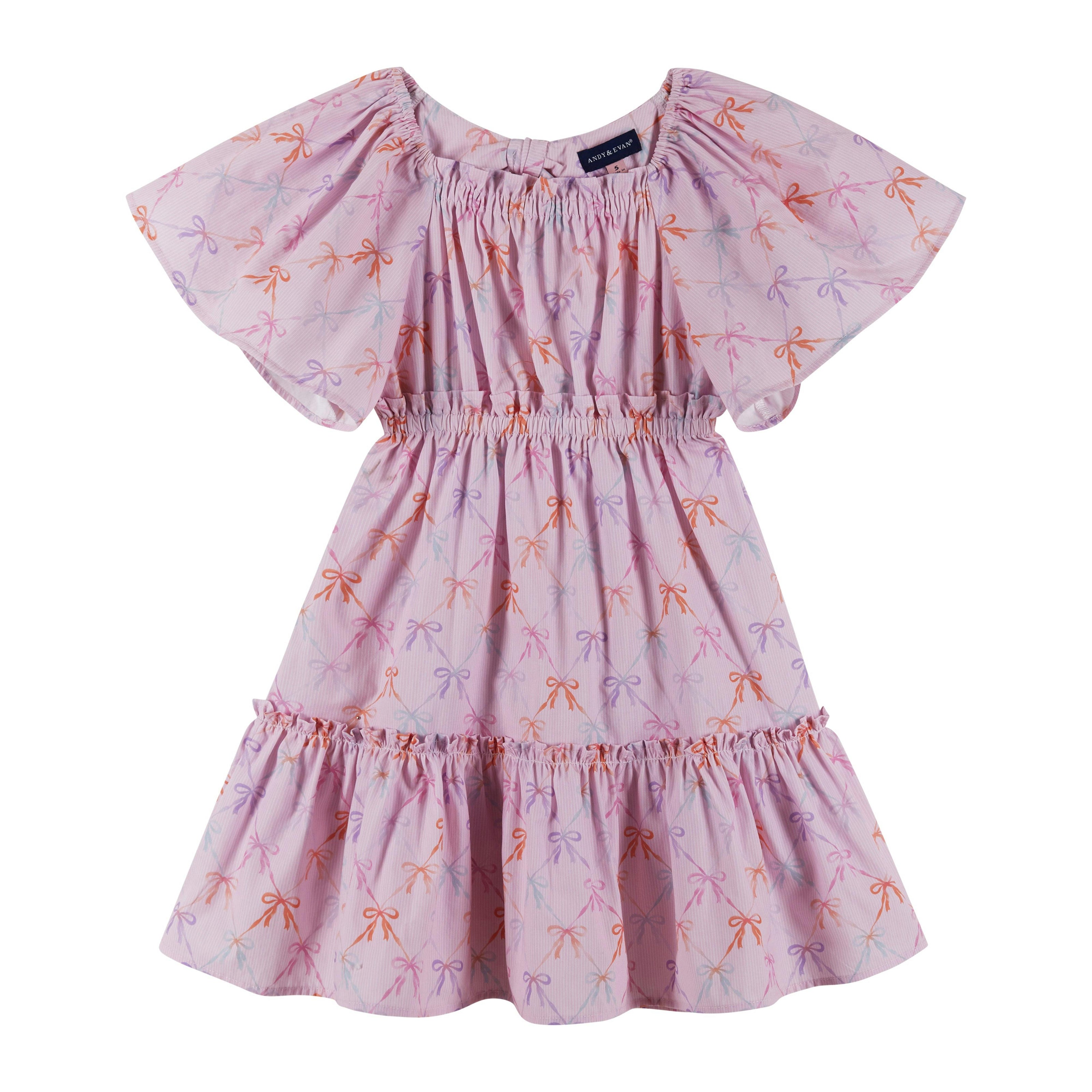 Girls Flutter Sleeve Seersucker Dress | Pink Bow