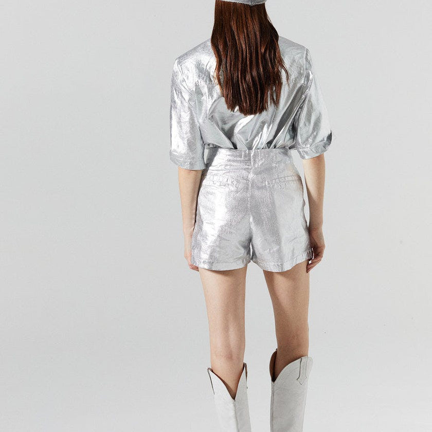 Frida Metallic Linen Shorts - New Silver