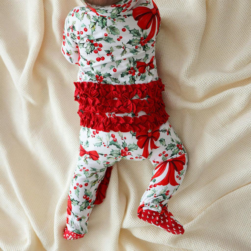 Happy Holly-days Footie Ruffled Zippered One Piece