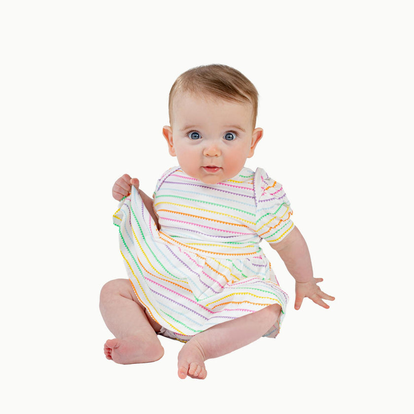 Puff Sleeve Onesie in Rainbow Heart Stripe