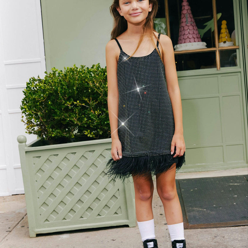 Midnight Crystal Feather Hem Sleeveless Dress