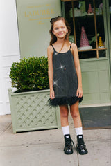 Midnight Crystal Feather Hem Sleeveless Dress
