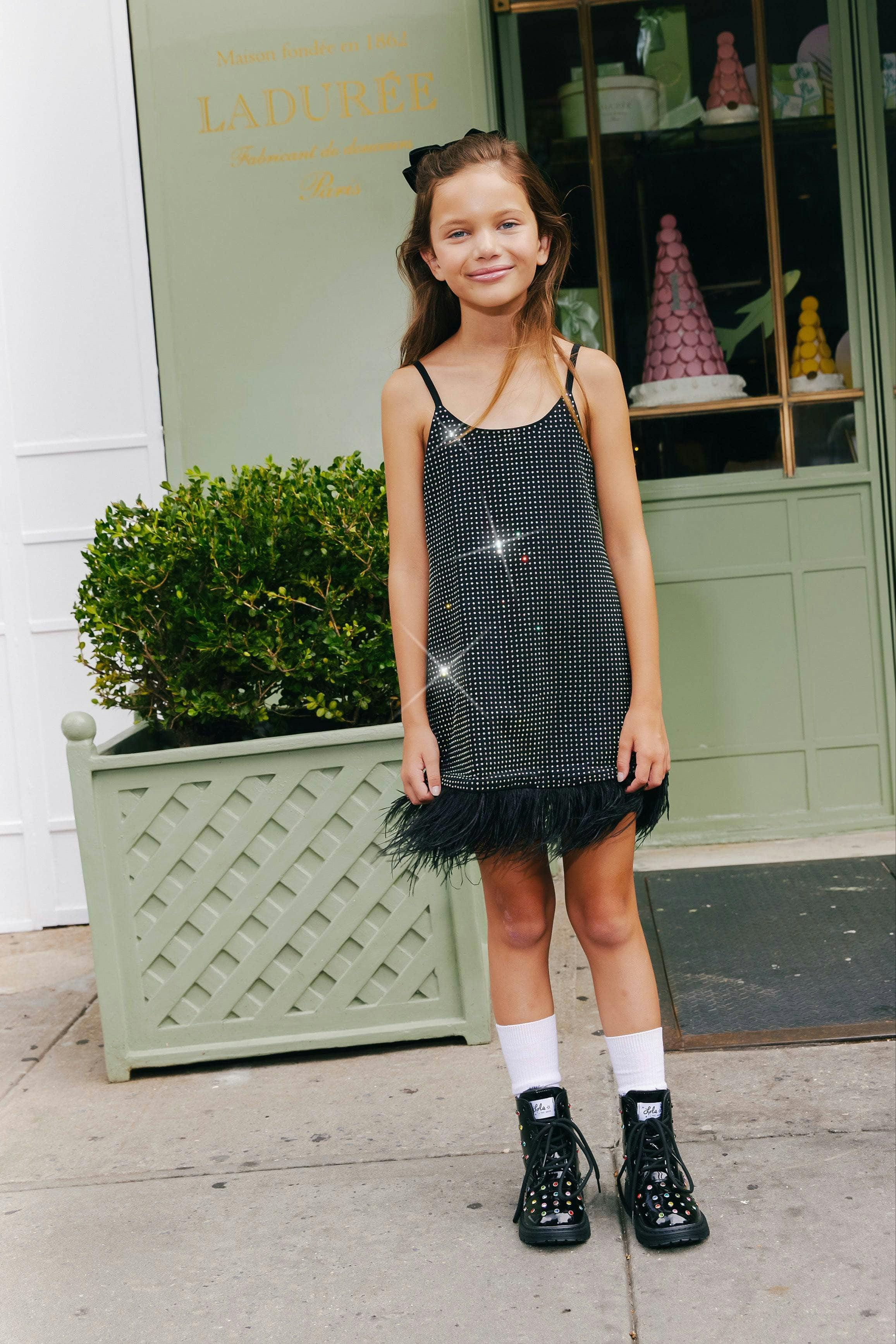 Midnight Crystal Feather Hem Sleeveless Dress