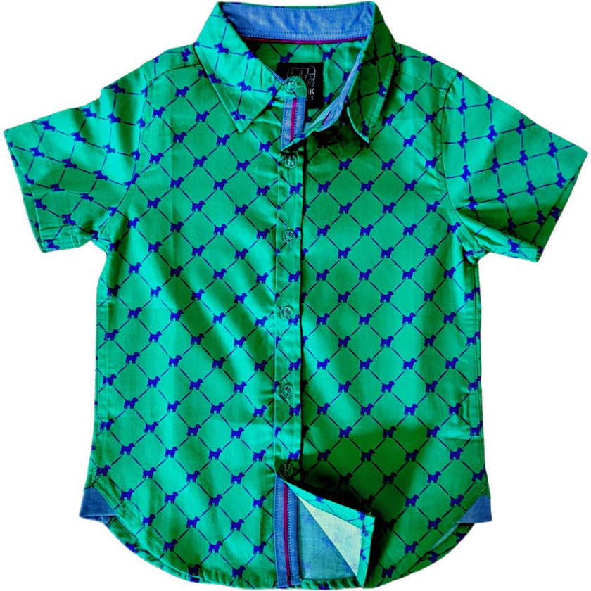 Puppies in Green Shirt in Short Sleeves