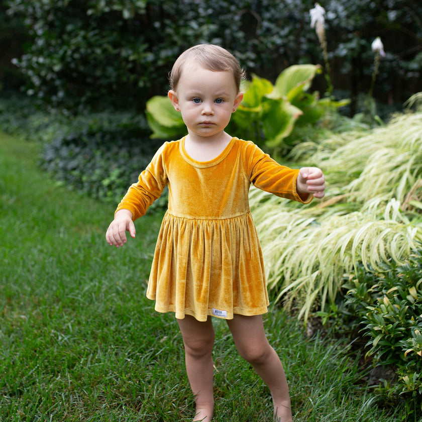 Long Sleeve Bubble Romper in Mustard Velvet FW25