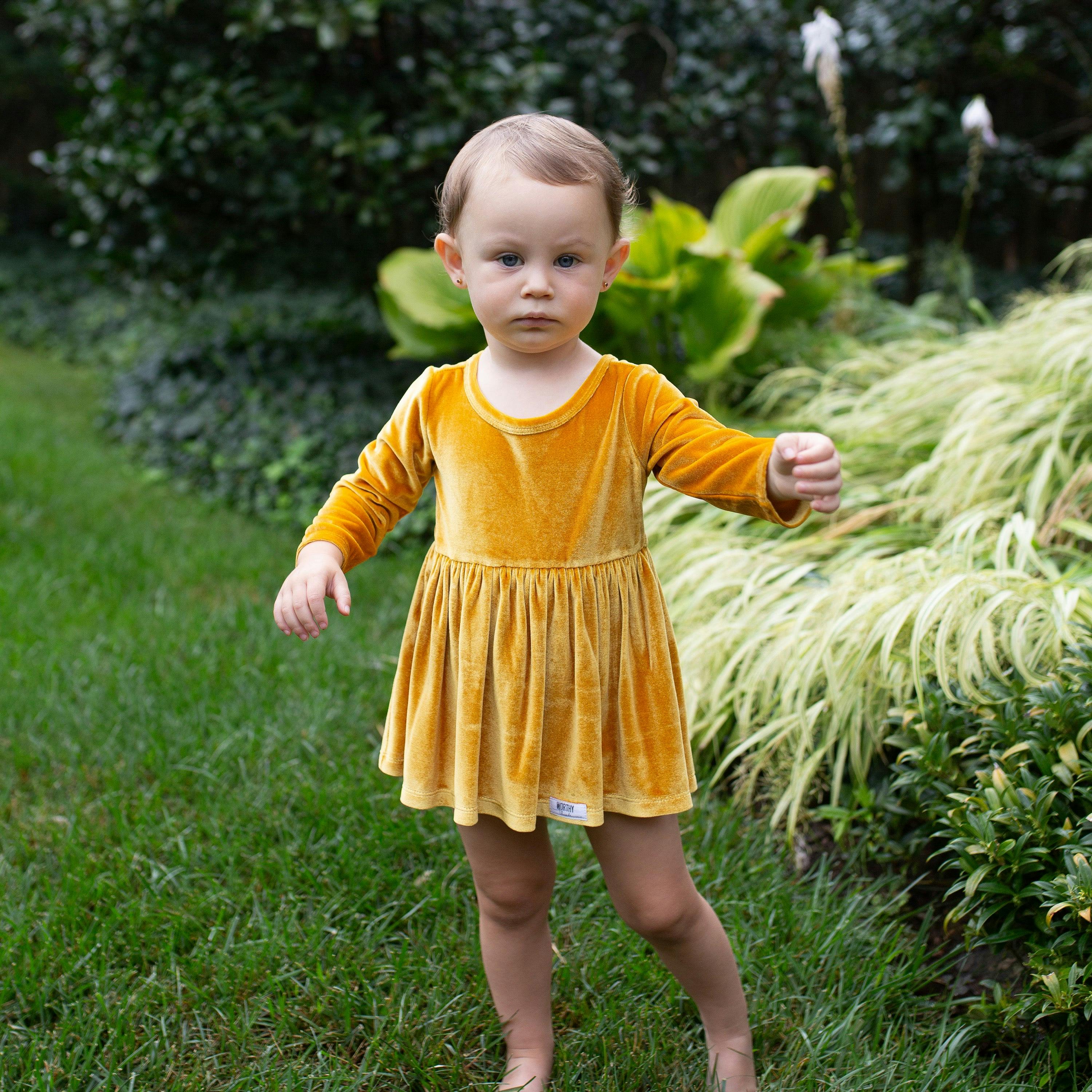 Long Sleeve Bubble Romper in Mustard Velvet FW25