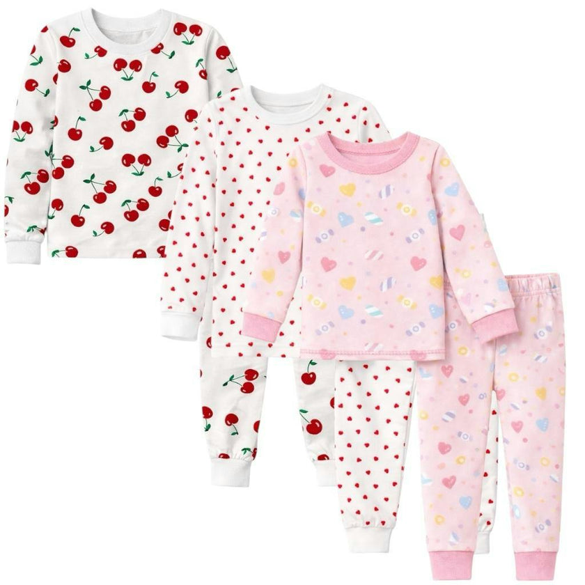 Kids and Toddlers 3 Pack Girls Candy/Hearts/Cherries Long Sleeve Snug Fitted Pajamas