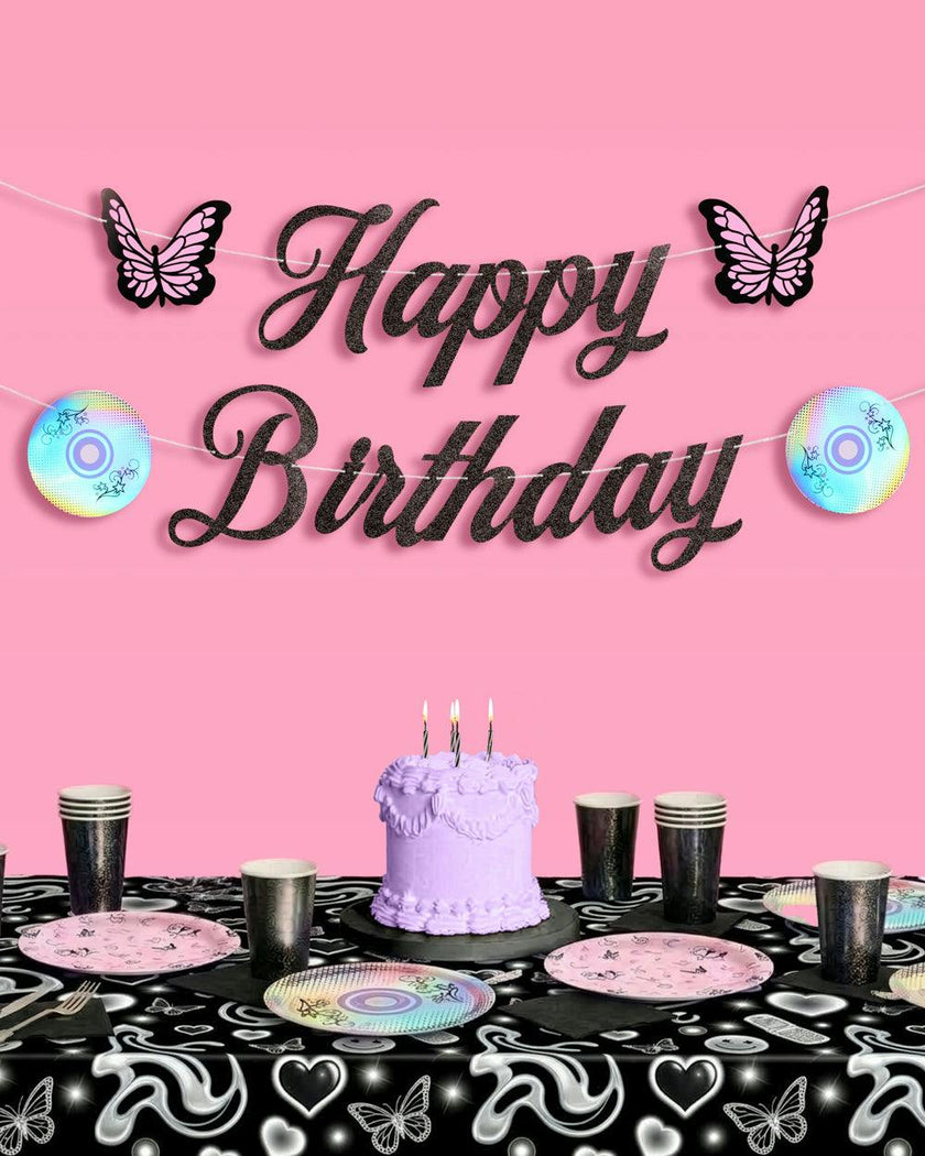 Y2K Birthday Banner - black glitter banner