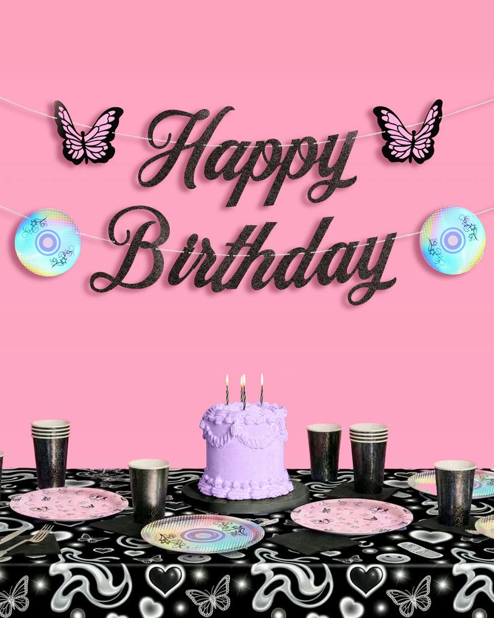 Y2K Birthday Banner - black glitter banner