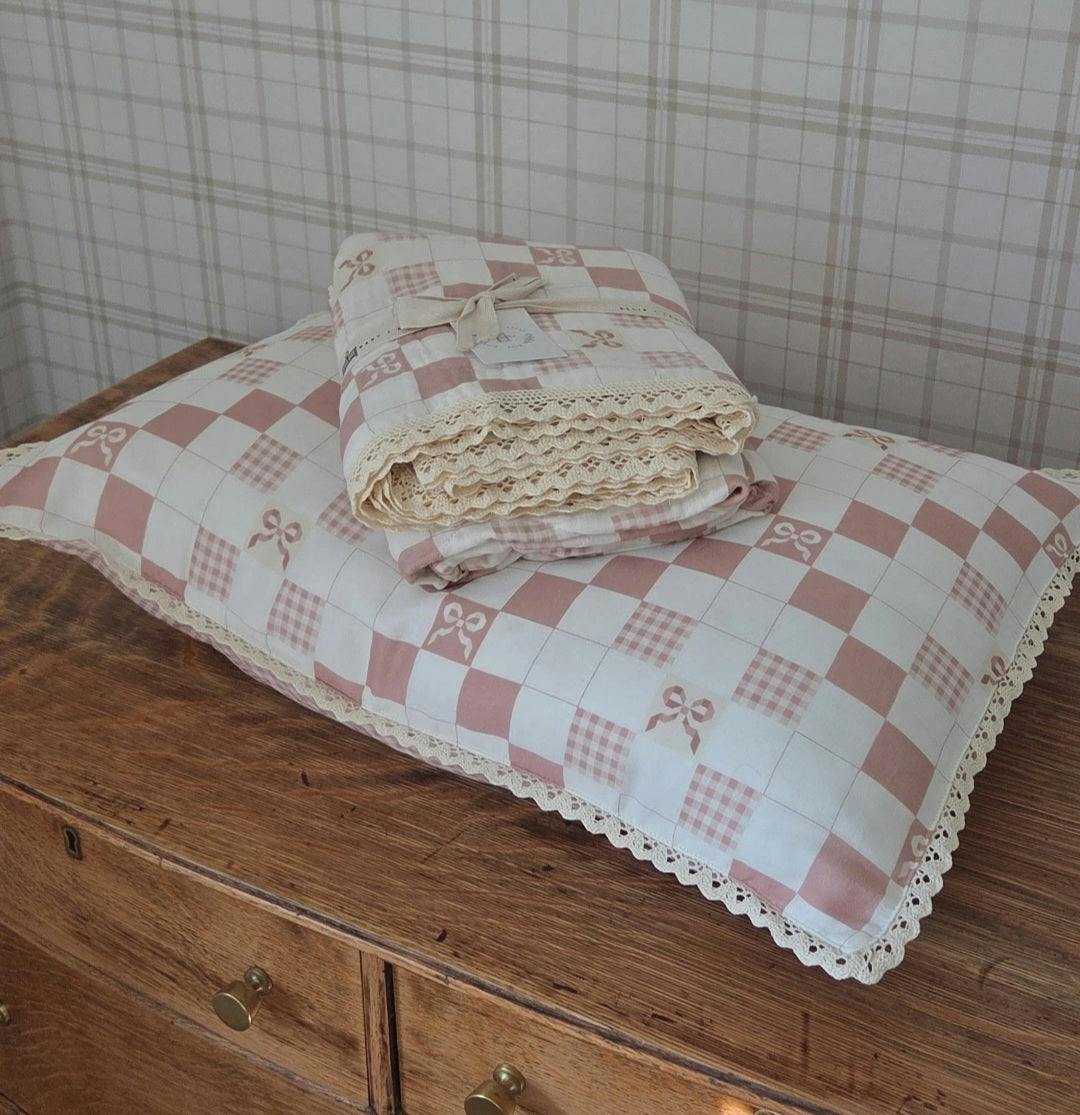 Big Kid Throw Blanket + Sham SET- Pink Bows and Gingham