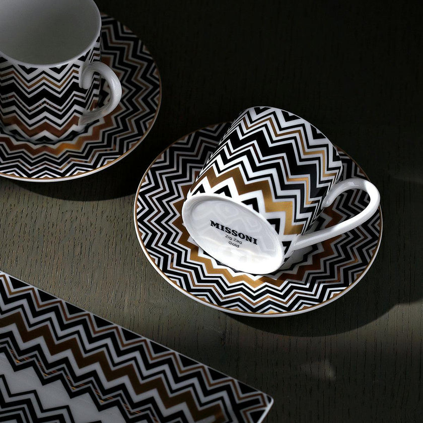 Tea Cup & Saucer ZIG ZAG Set of 2 in Luxury Box Gold diam. 3.3", H 2.3", cap. 7.5 oz, Saucer diam. 6"