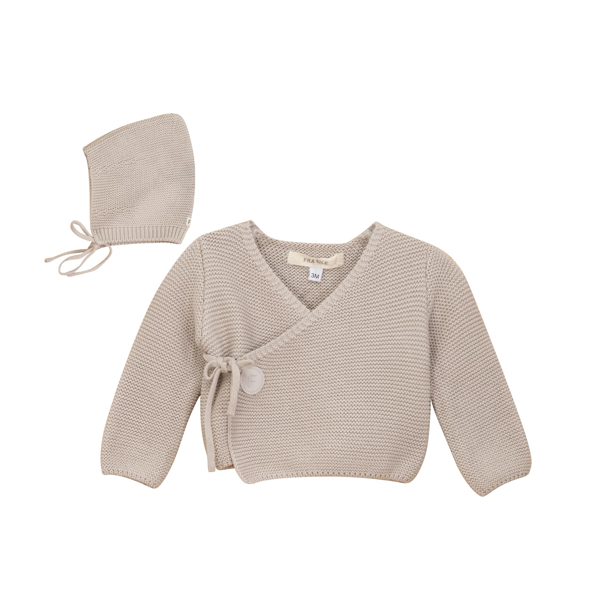 Garter Wrap Knit Cardigan and Bonnet Two Piece Set