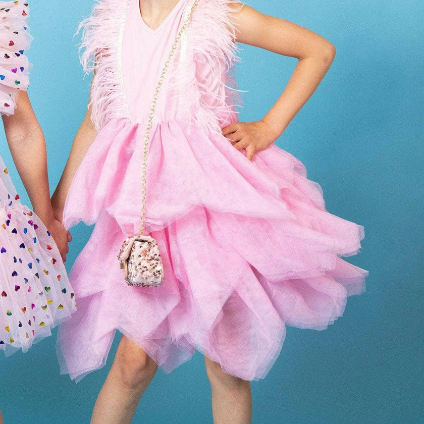Gigi Feather Sleeve Tired Tulle Dress