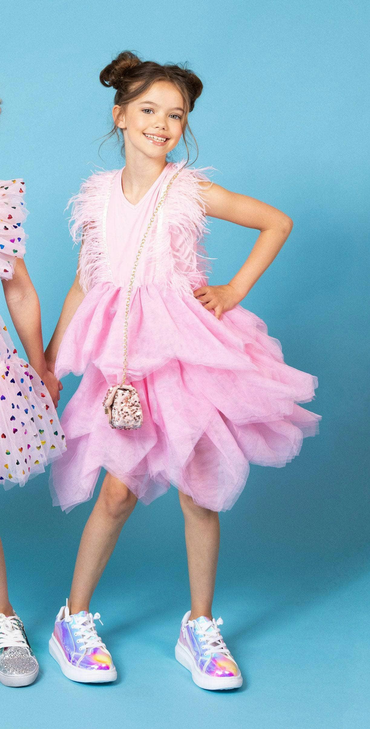Gigi Feather Sleeve Tired Tulle Dress