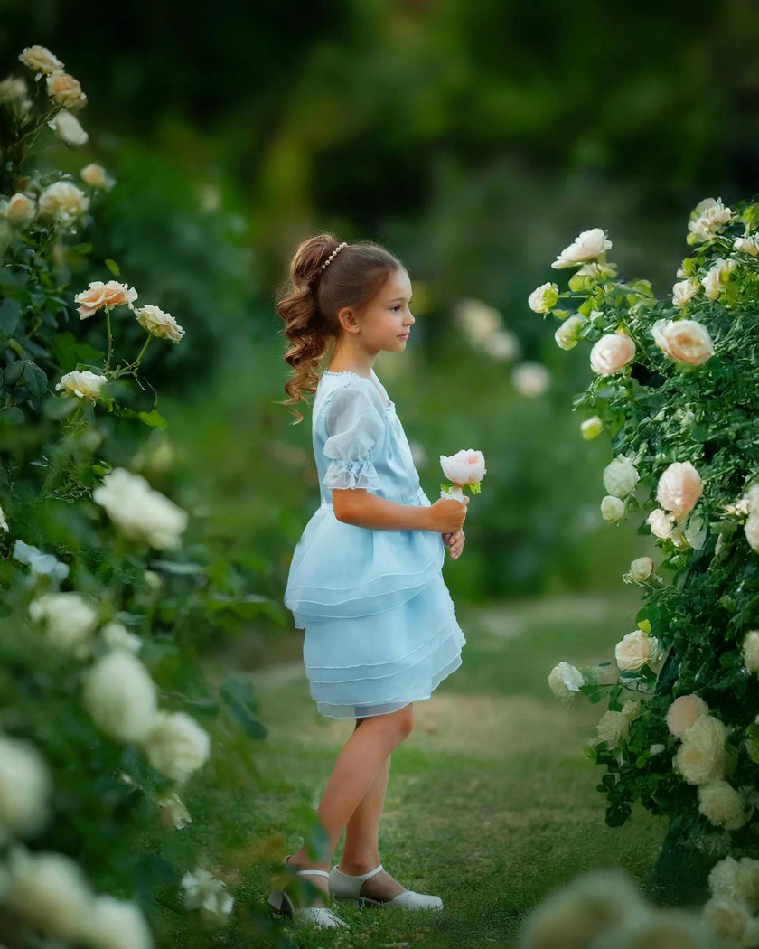 Sky Petal Princess Ruffle Blue Birthday Dress for Girls