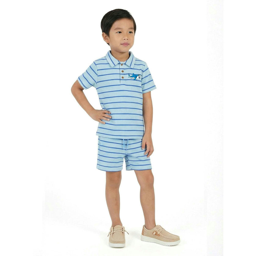 Boys Striped Waffle Polo Set | Blue Shark