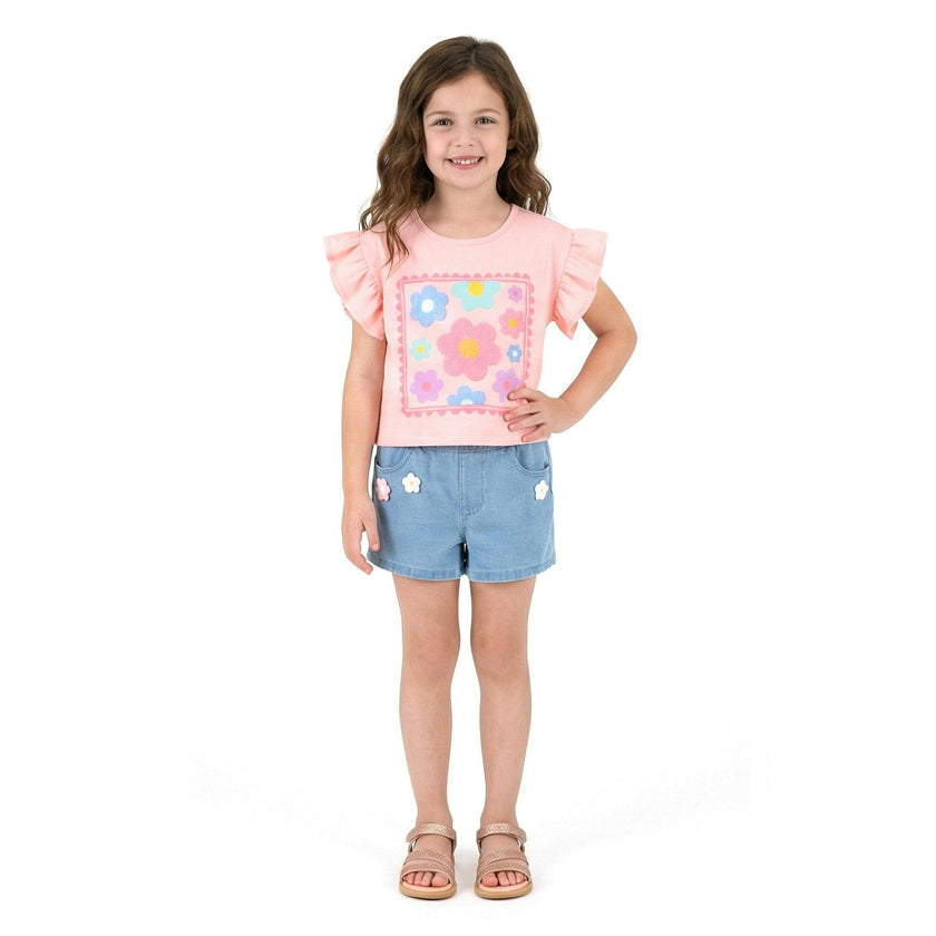 Girls Knit Denim Short | Crochet Flower