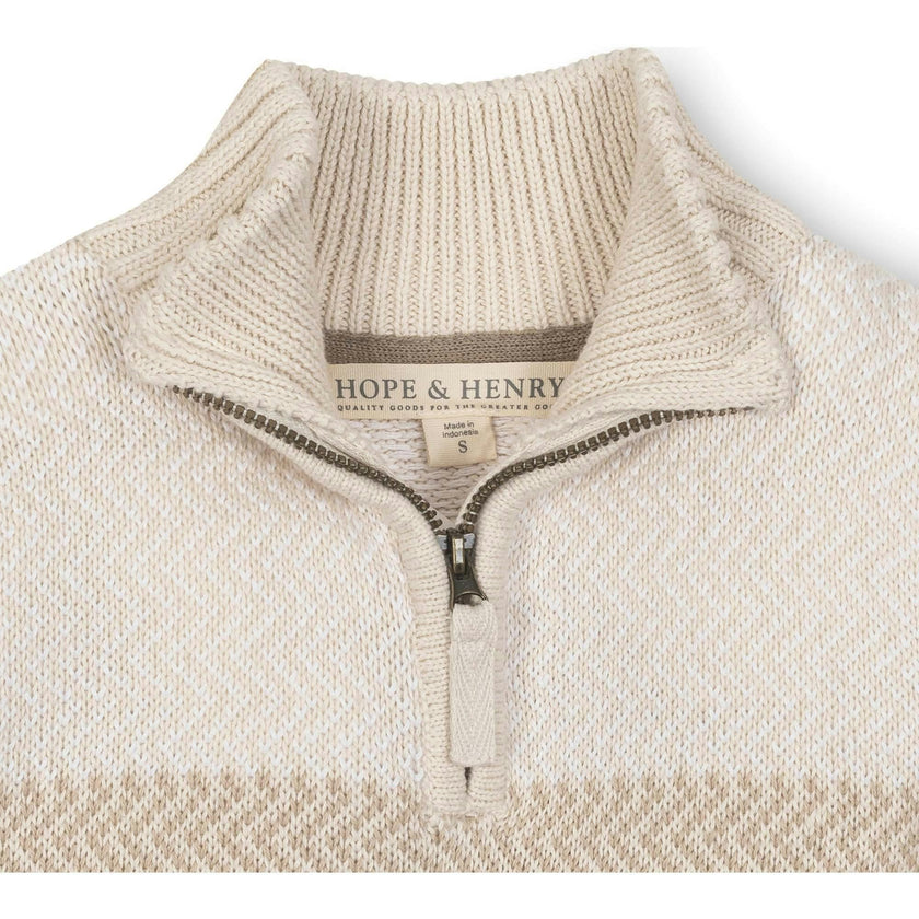 Organic Long Sleeve Half Zip Sweater with Engineered Stripe, Beige