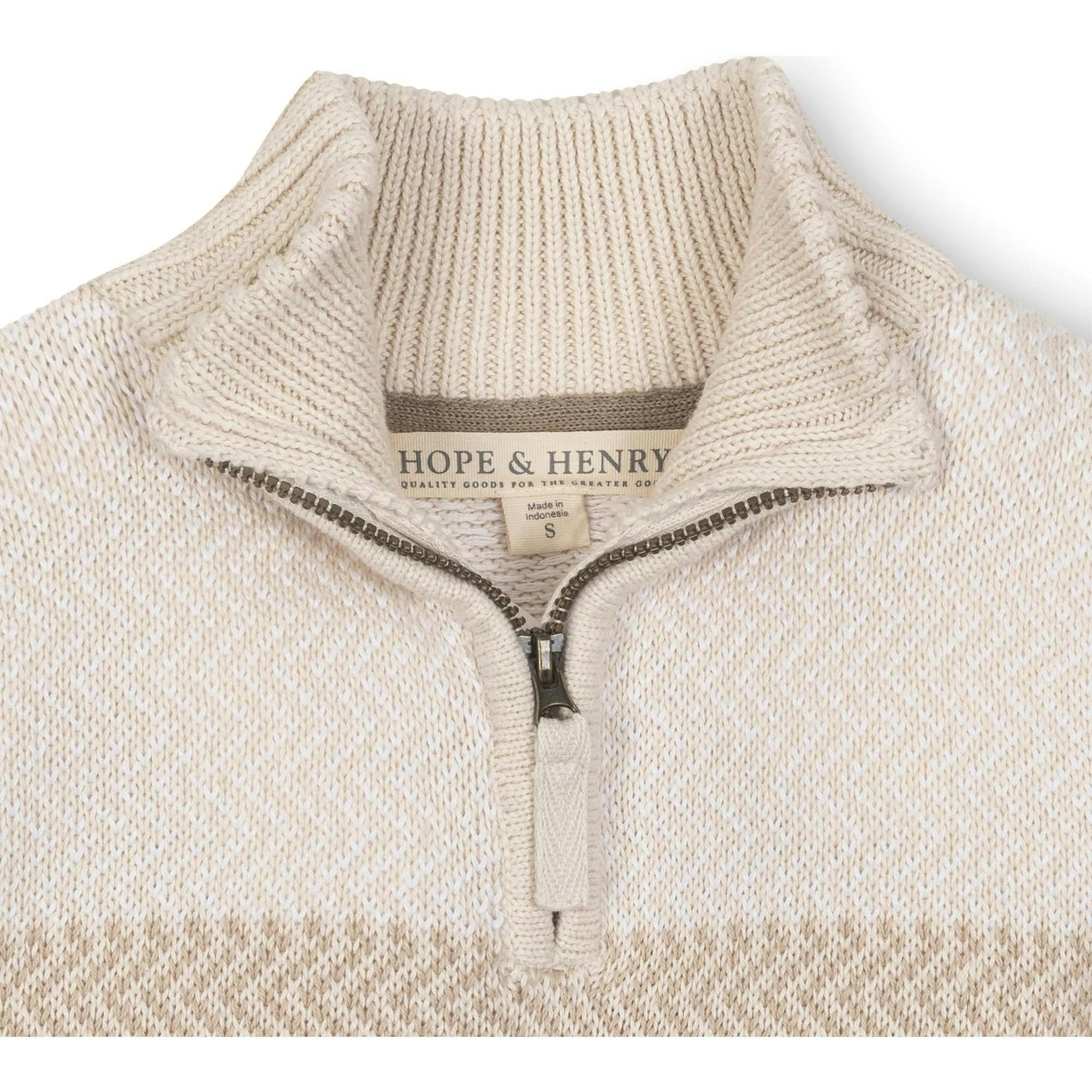 Organic Long Sleeve Half Zip Sweater with Engineered Stripe, Beige