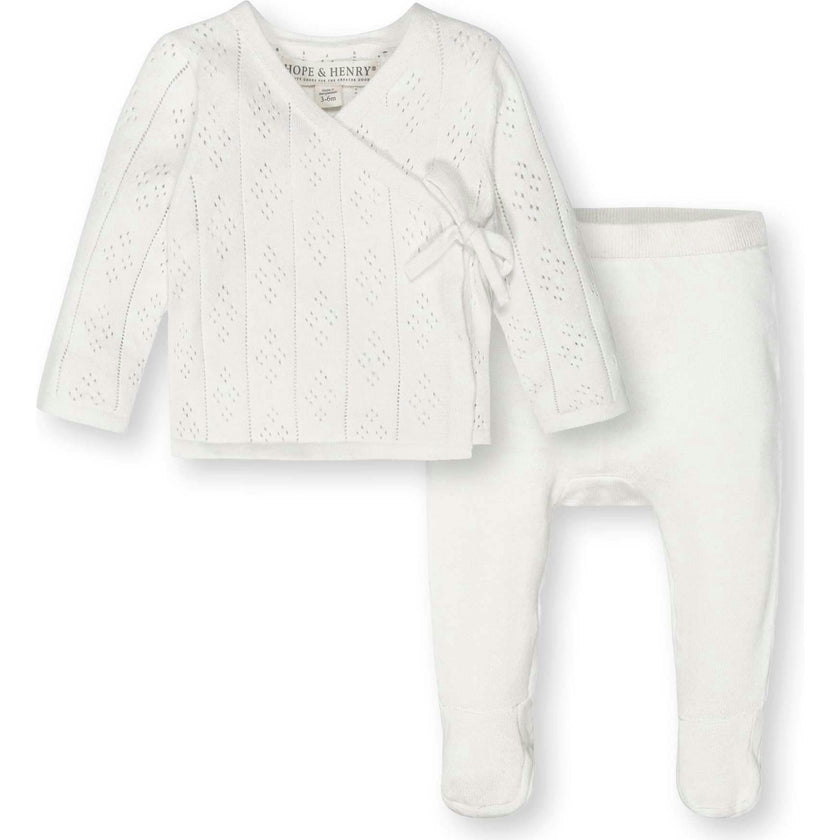 Organic Long Sleeve Pointelle Wrap Sweater & Footed Legging Set, White