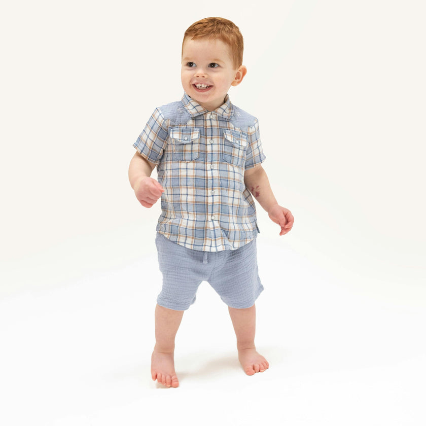 Western Boot Plaid - Short Sleeve Western Pearl Snap Shirt with Casual Short