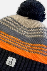 Winter Knit Hat with Pompom Grey and Orange Stripes