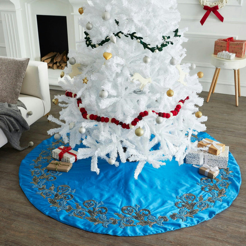 Hand Beaded Imperial Blue Silk Christmas Tree Skirt Blue 60" / 72"