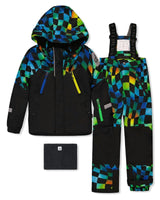 Two Piece Play Snowsuit Black Colorblock With Green Yellow And Blue Checkerboard Pants