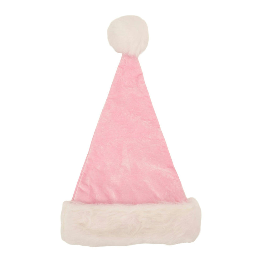 Packed Party Pink Velvet and Bows Santa Hat - Pastel Pink Plush Trim Santa Hat with Festive Bows and Pom Pom for Christmas Parties and Gift Exchanges