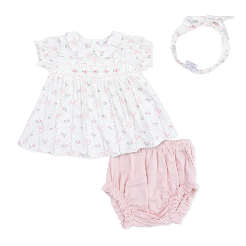 Dainty Buds and Bows - Smocked Dress Set and Headband