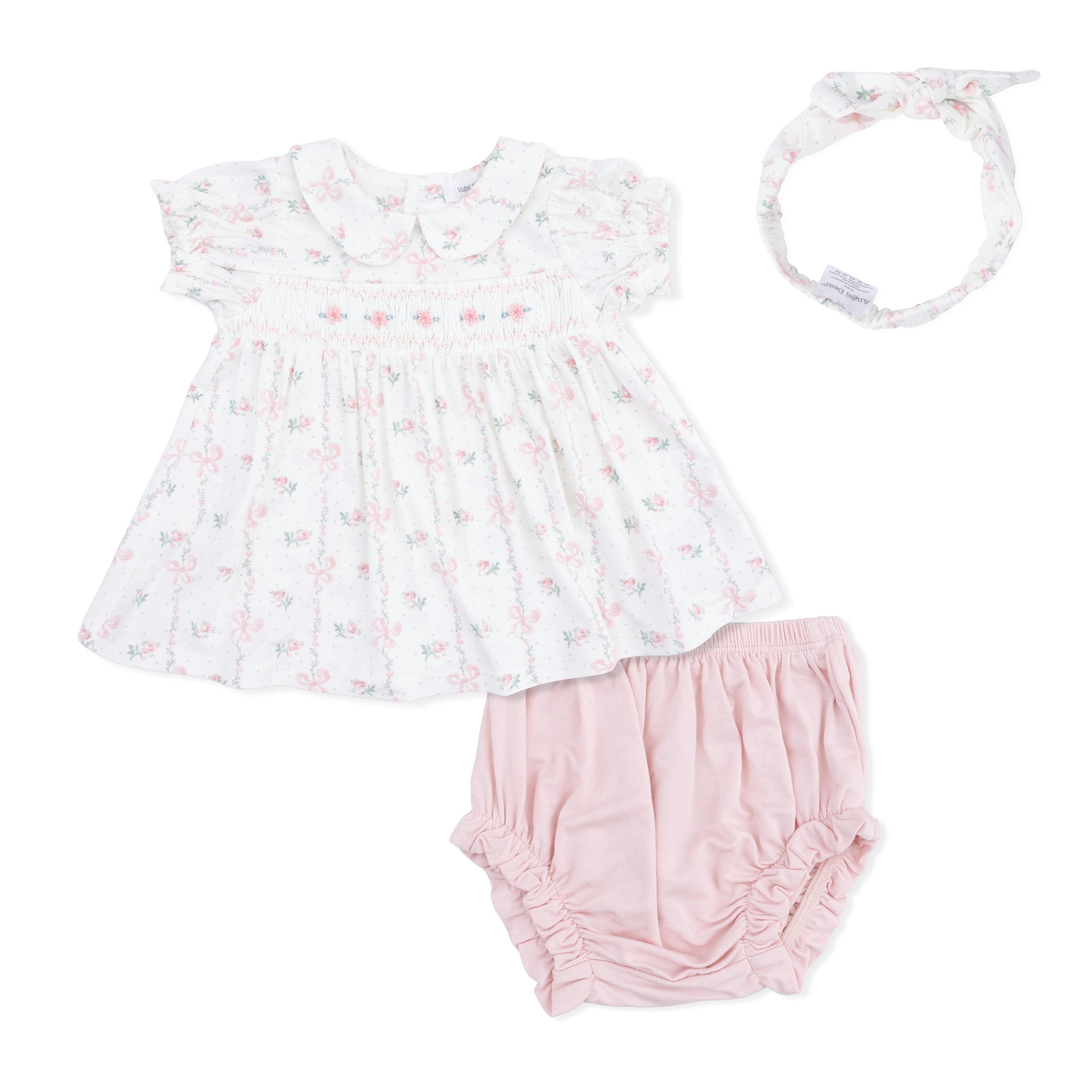 Dainty Buds and Bows - Smocked Dress Set and Headband