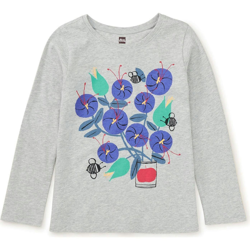 Saffron Flowers Graphic Print Crew Neck Long Sleeve T-Shirt, Grey