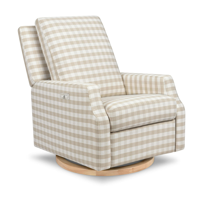 Crewe Electronic Recliner and Swivel Glider in Tan Gingham with Light Wood Base