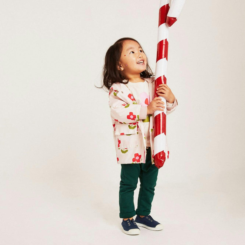Baby Flower Print Ribbed Cuff Hooded Zipper Raincoat