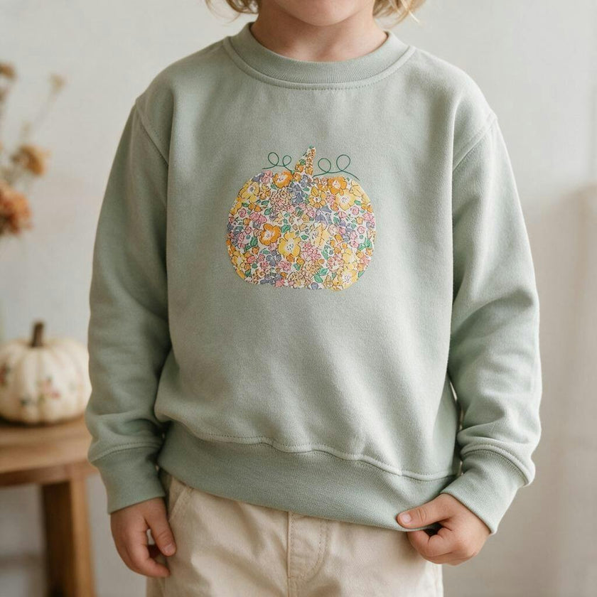 Liberty of London children's pumpkin design sage green jumper