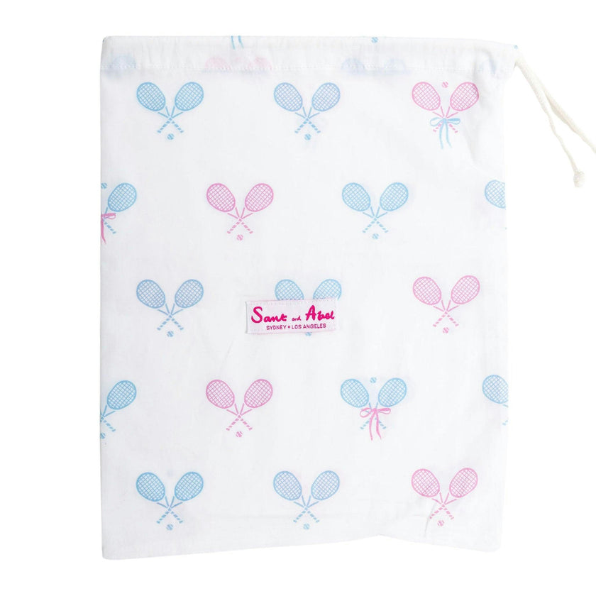 Women's Tennis Bows Long PJ Set - Blue Pink Organic Cotton Poplin