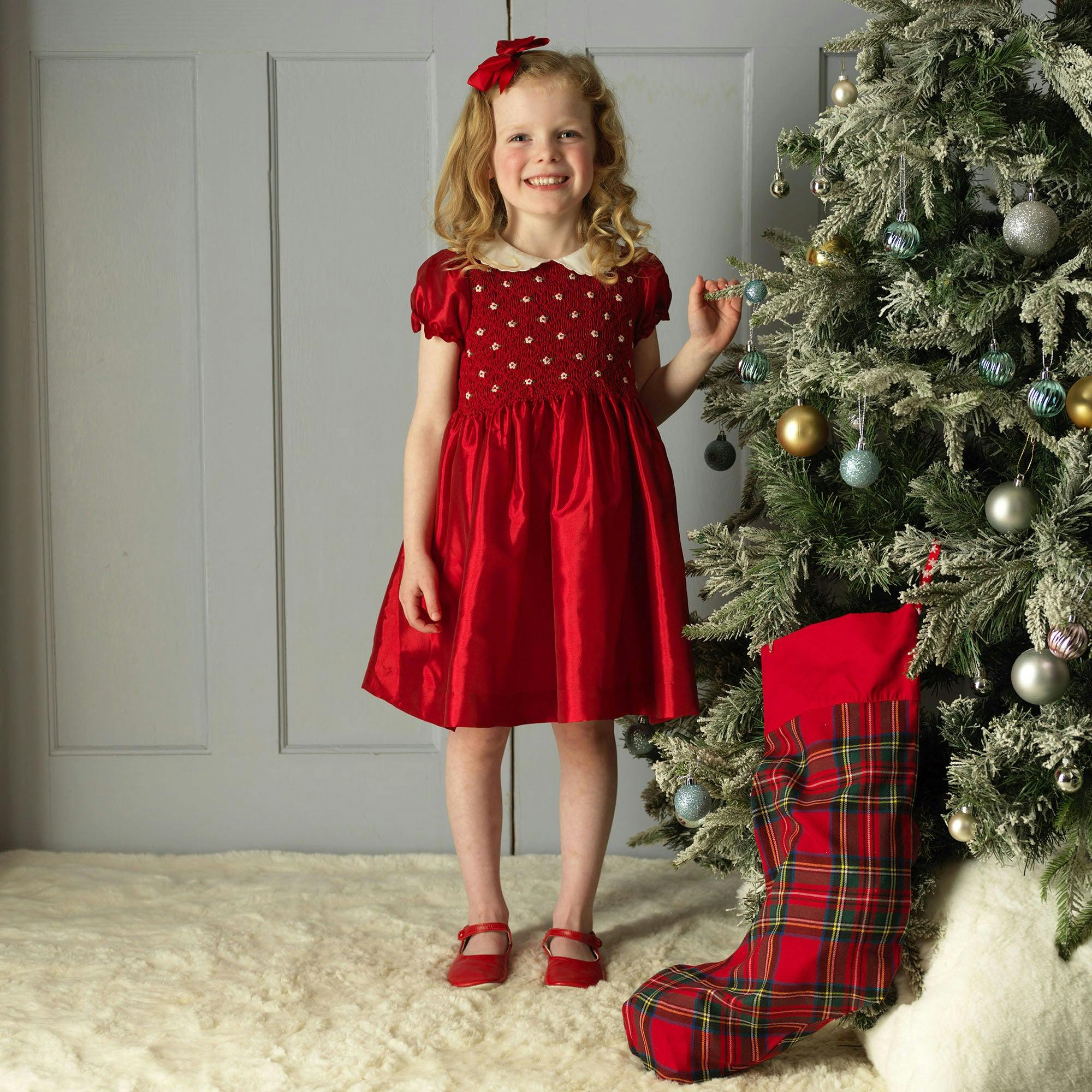 Red Taffeta Rosebud Smocked Dress