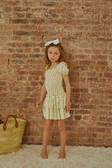 Lexi Pastel Yellow Ditsy Satin Smocked Short Sleeve Ruffle Dress