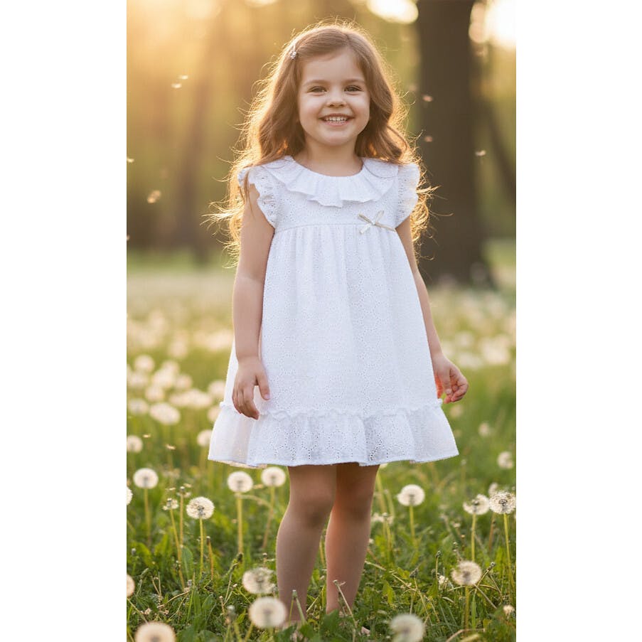Girls' White Eyelet Ruffle Dress, White