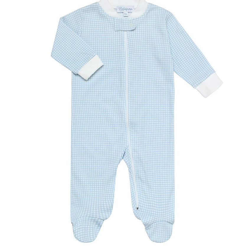 Blue Gingham Zipper Footie