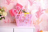 Packed Party Petal Party Pink Silicone Woven Basket with 6 Floral Twisty Charms - Lightweight Open Weave Carryall, 16x10.4 Inch with 15 Inch Handle