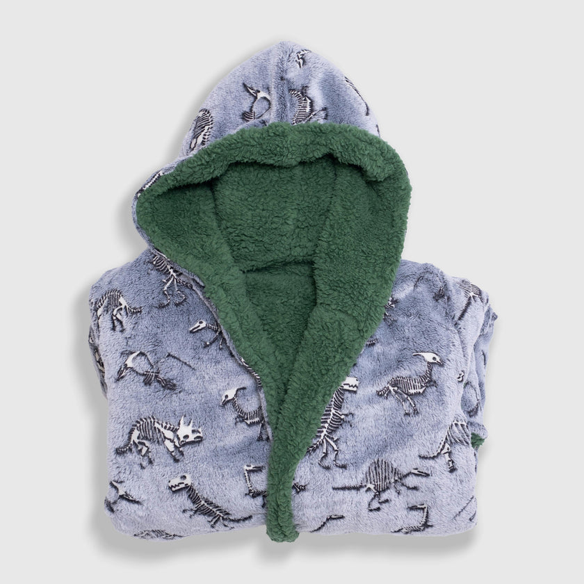 Cozy Switch Robe – Reversible Glow-in-the-Dark & Sherpa Robe for Kids, Green Dino Bones